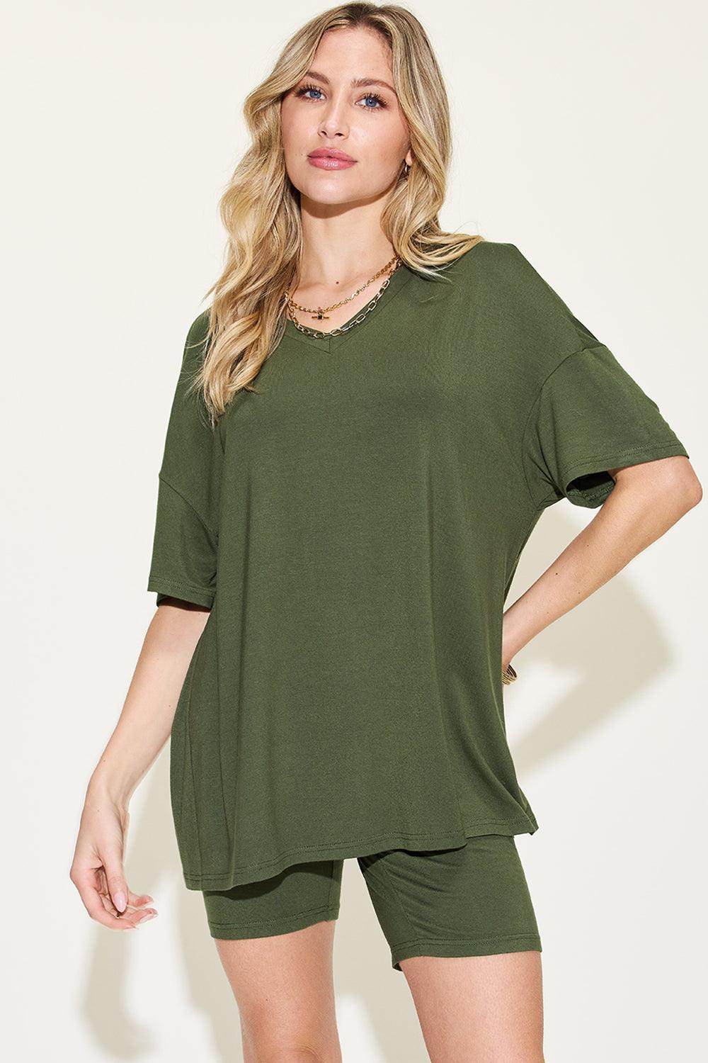 Basic Bae Full Size V-Neck Drop Shoulder T-Shirt Set