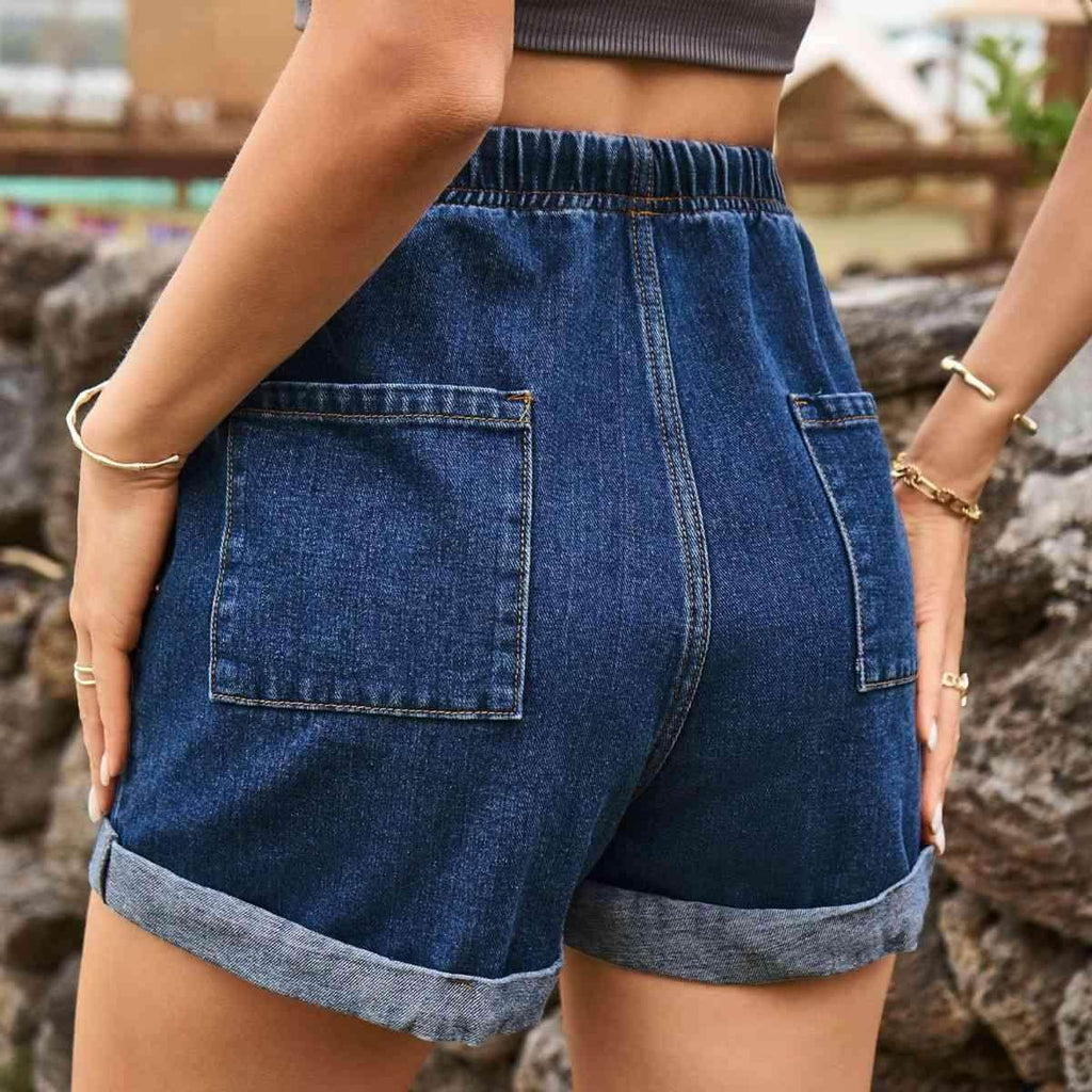 Drawstring High Waist Denim Shorts with Pockets for Women