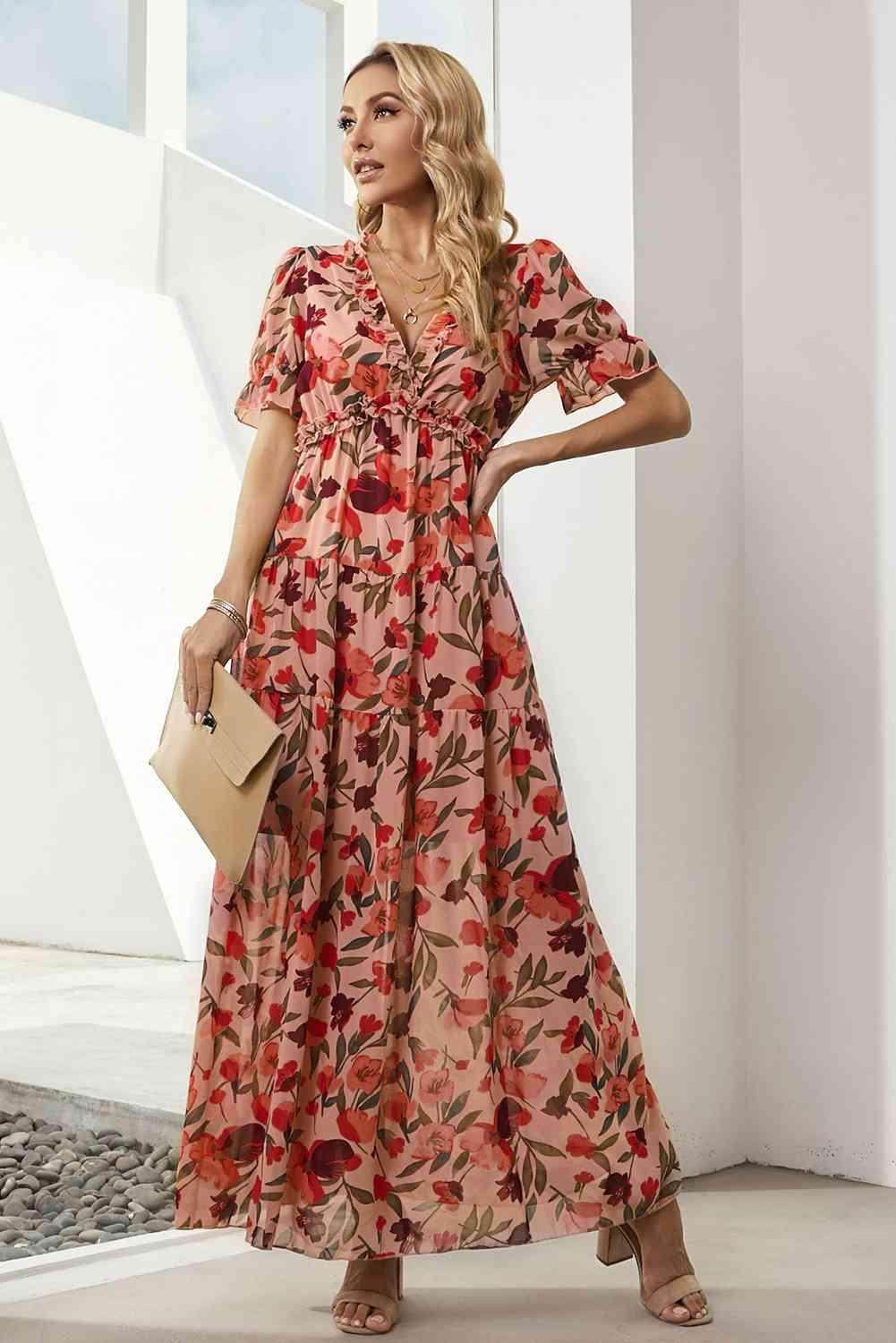 Floral V-Neck Short Flounce Sleeve Dress for Women
