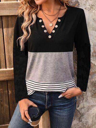 Notched Long Sleeve T-Shirt with Decorative Button Detail