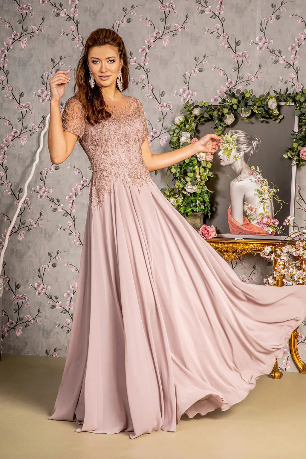 Bead embroidery sheer short sleeves a line mesh long dress GLGL3492