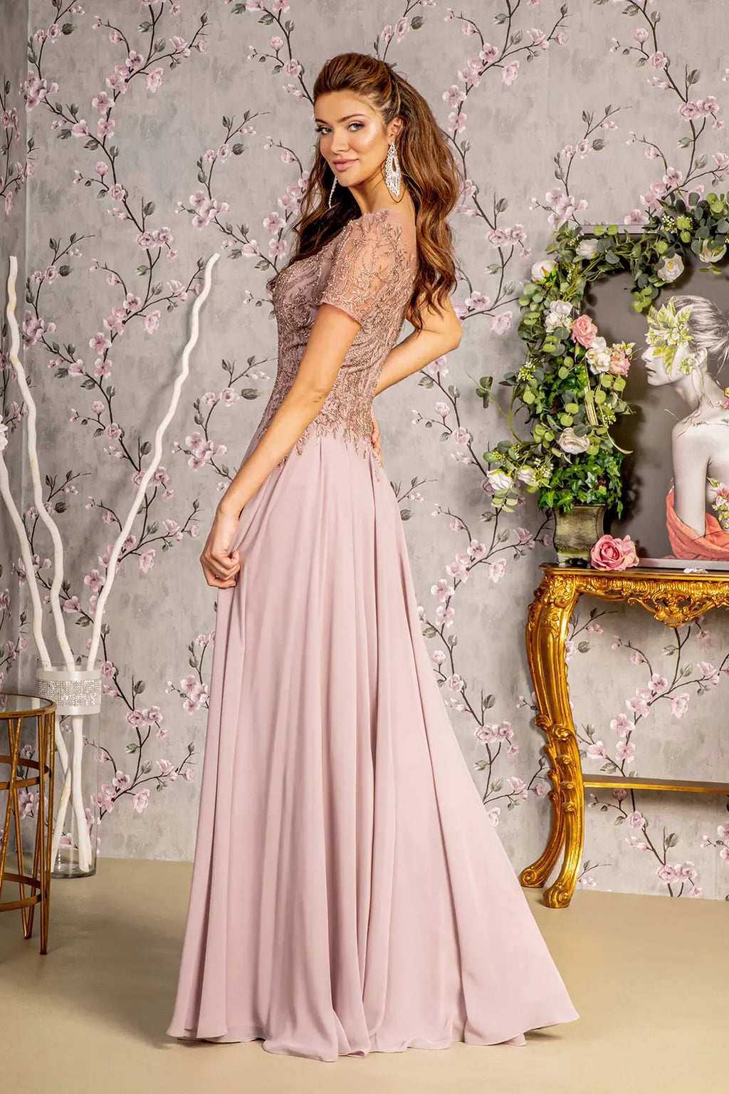 Bead embroidery sheer short sleeves a line mesh long dress GLGL3492