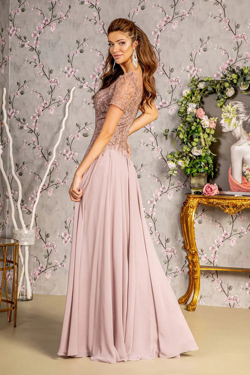 Bead embroidery sheer short sleeves a line mesh long dress GLGL3492