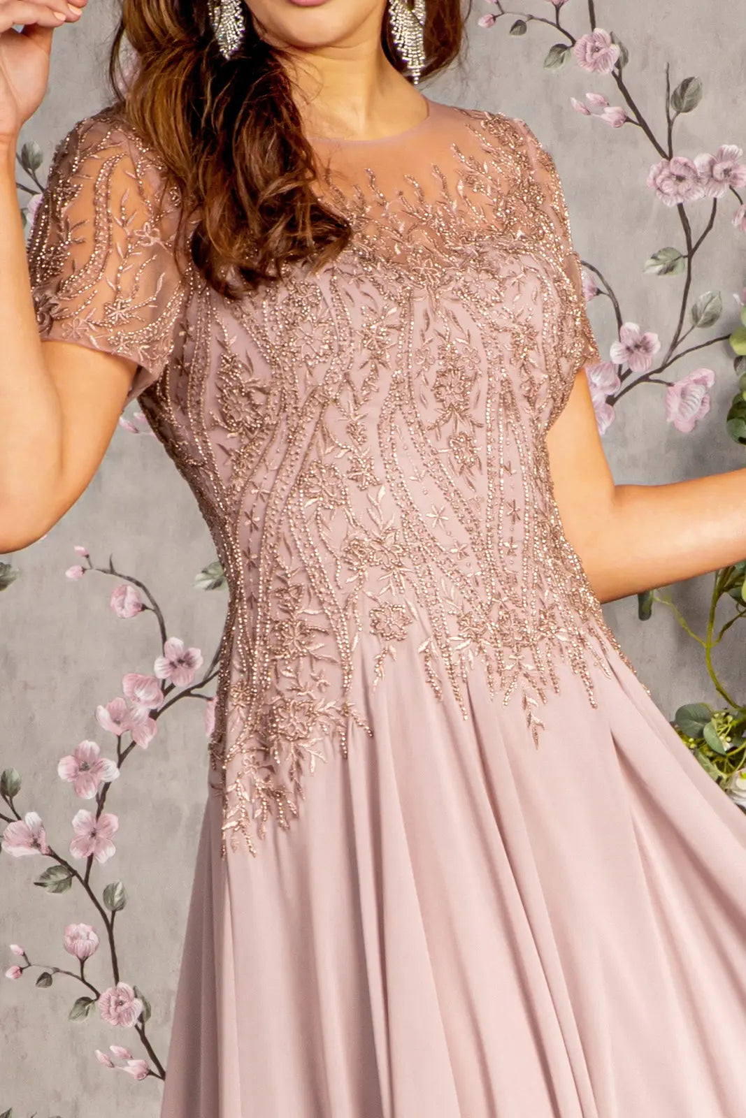Bead embroidery sheer short sleeves a line mesh long dress GLGL3492